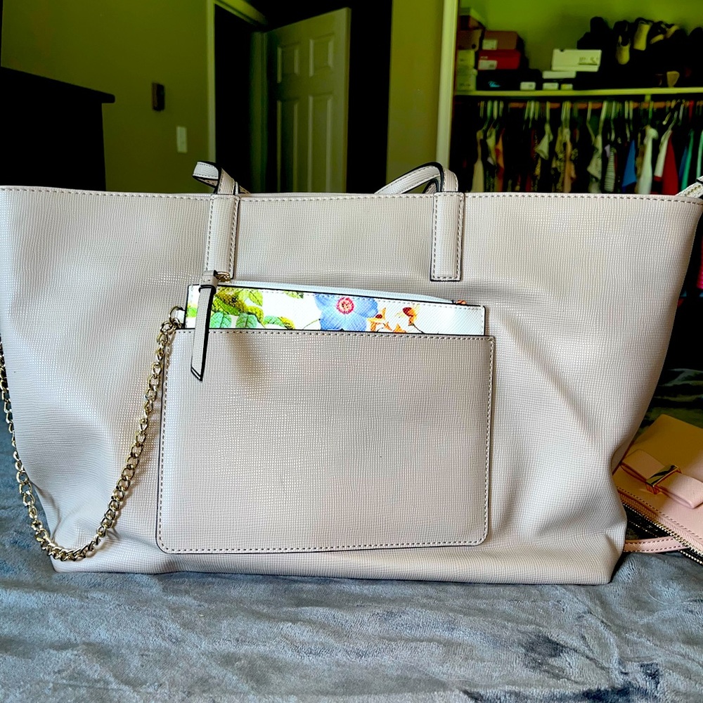Apt 9, tan zippered bag with flower clutch